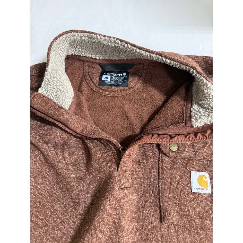 Carhartt Mens 2XL Relaxed Fit Quarter Zip Sherpa Lined Fleece Pullover Brown - Picture 5 of 9